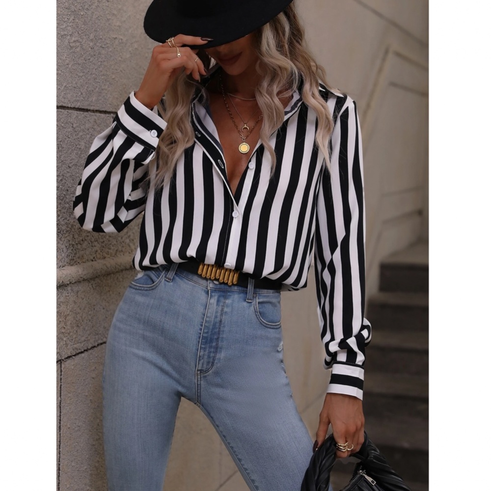 Vertical Stripes Black and White Collar Shirt Button Down - Picture 5 of 16